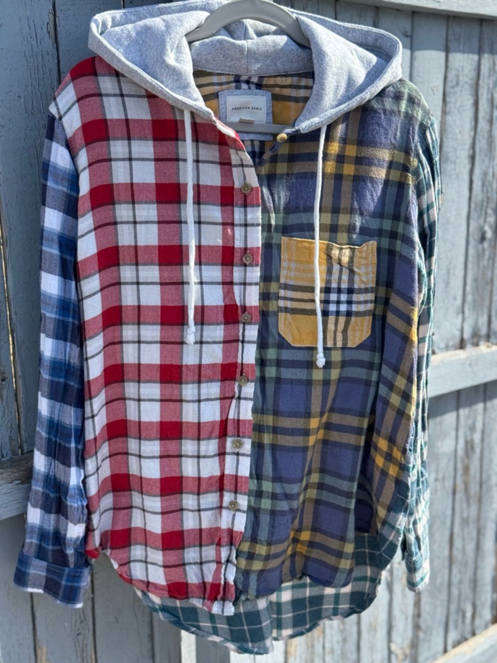 American Eagle Mixed Plaid Shirt Hooded Button-Up Patchwork Flannel Tunic Style